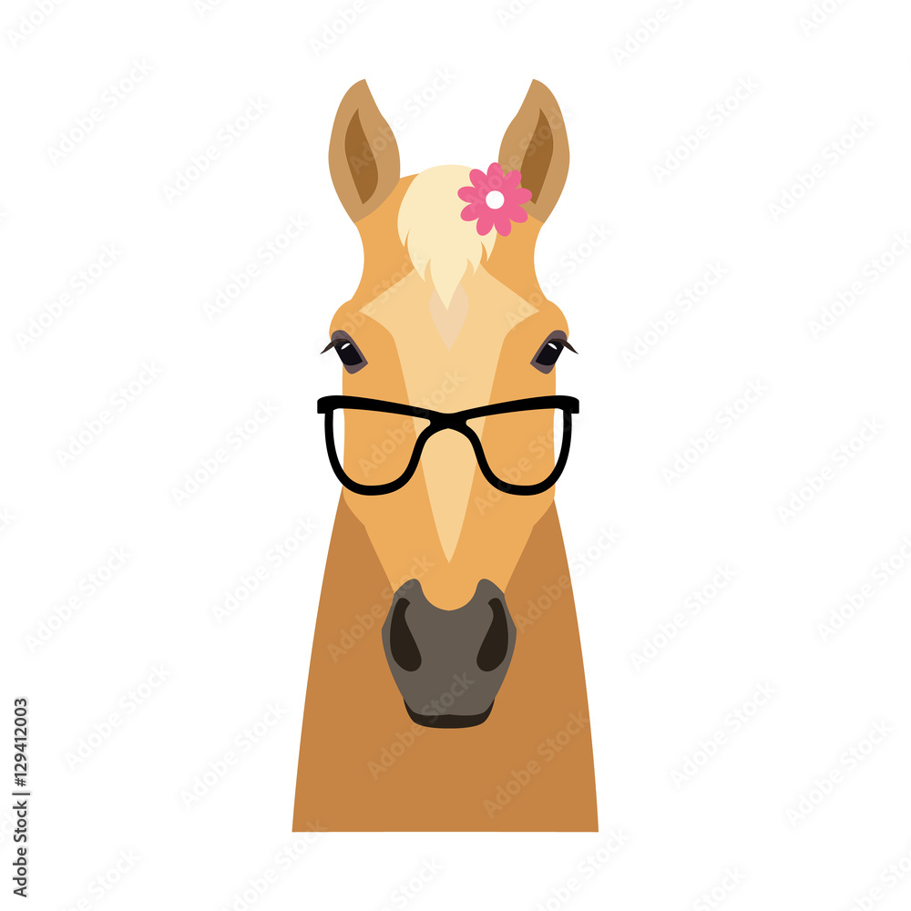A stylish cartoon horse wearing black glasses and a pink flower on its forehead, set against a white background.