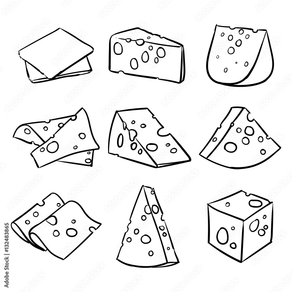 Hand-drawn black-and-white illustrations of various cheese shapes including slices, wedges, cubes, and folded pieces with holes.