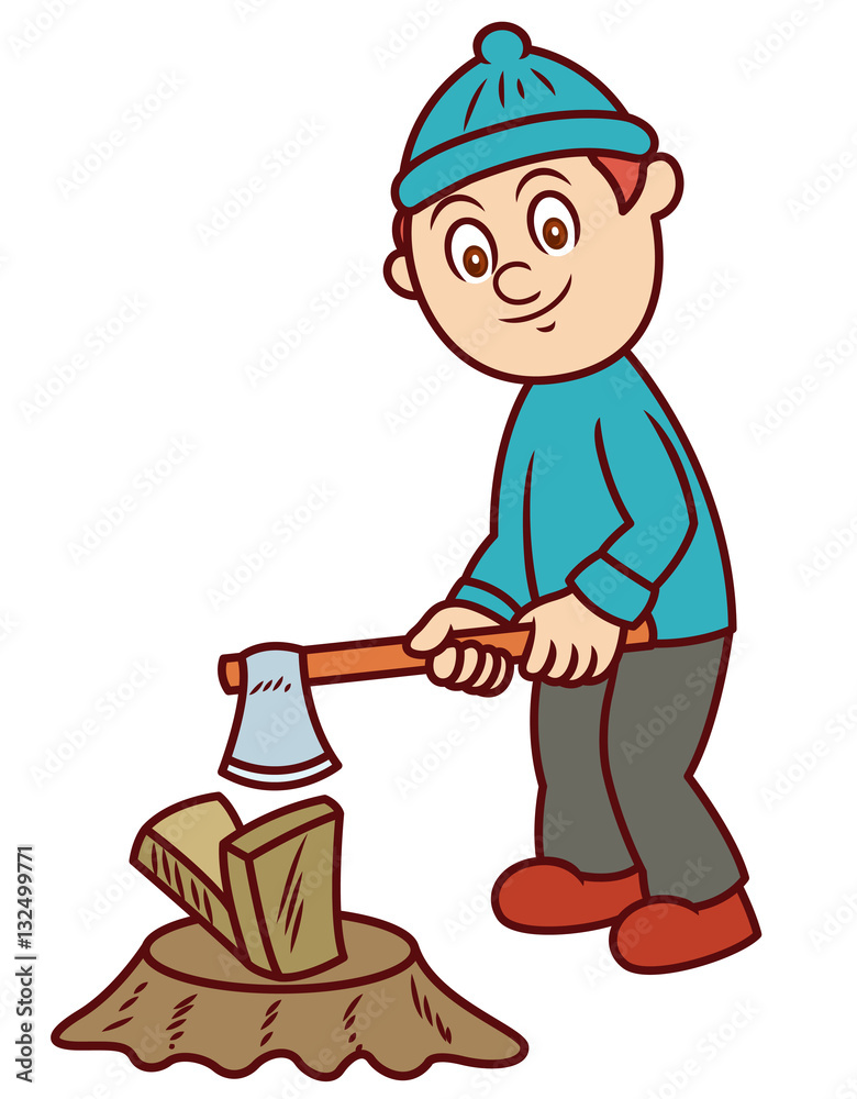 A cheerful cartoon boy in a blue hat and sweater chopping wood with an axe on a tree stump.