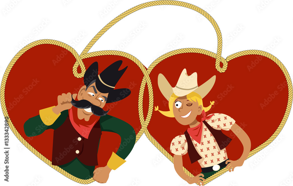 Cartoon cowboy and cowgirl in heart-shaped rope frames, smiling playfully.
