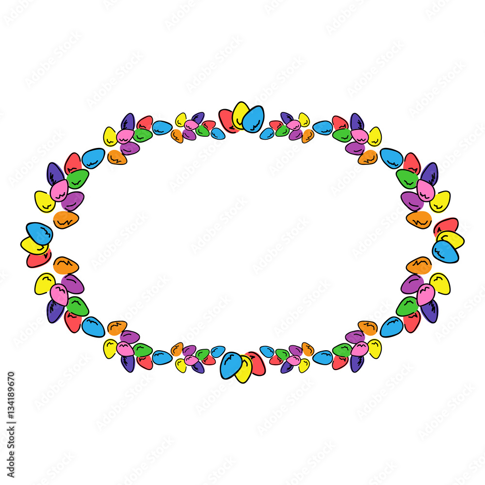 Colorful hand-drawn Easter egg wreath forming an oval frame on white background.