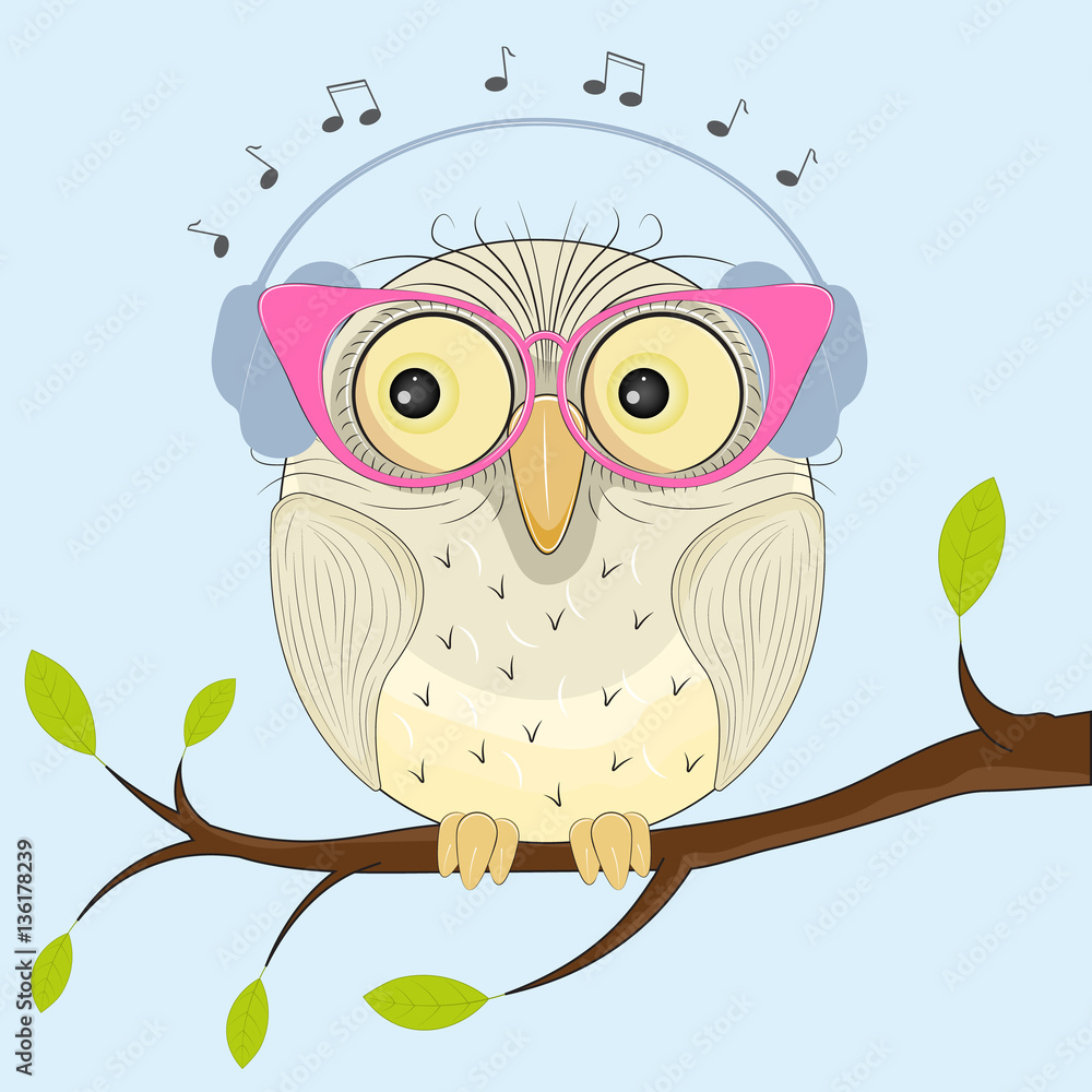 Cute cartoon owl wearing pink glasses and headphones, perched on a branch with musical notes floating above.