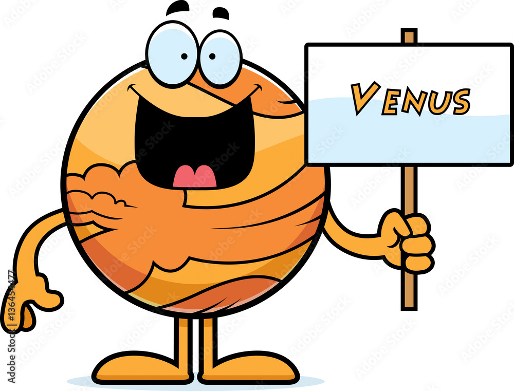 Cheerful cartoon Venus planet character holding a sign that reads "VENUS".