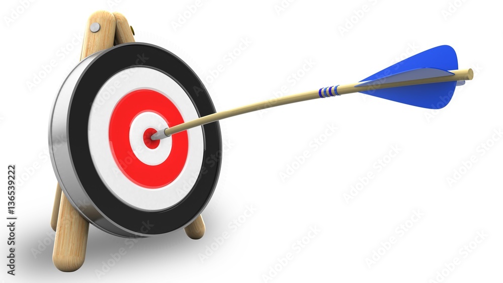 Arrow perfectly centered in a bullseye target on a wooden stand, symbolizing precision and success.