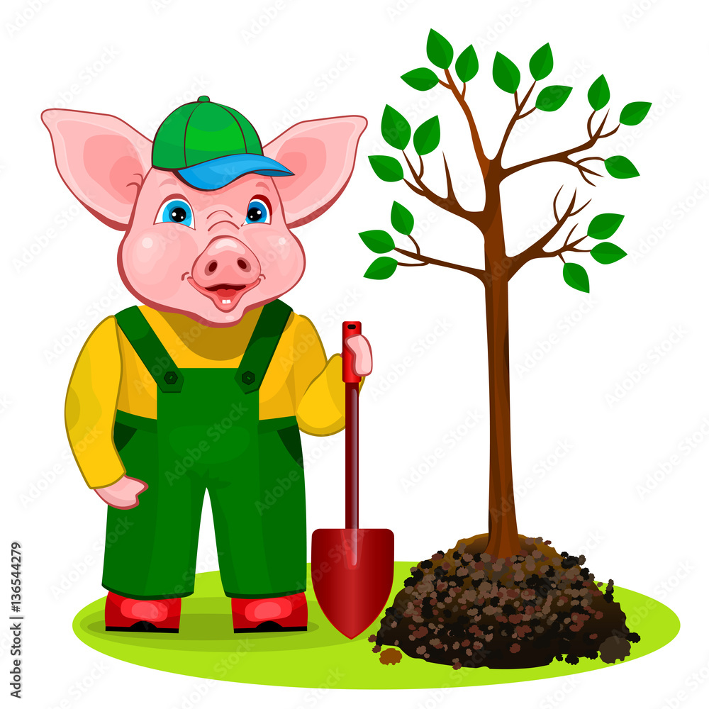A cheerful cartoon pig in green overalls and cap holds a shovel beside a newly planted sapling on grass.