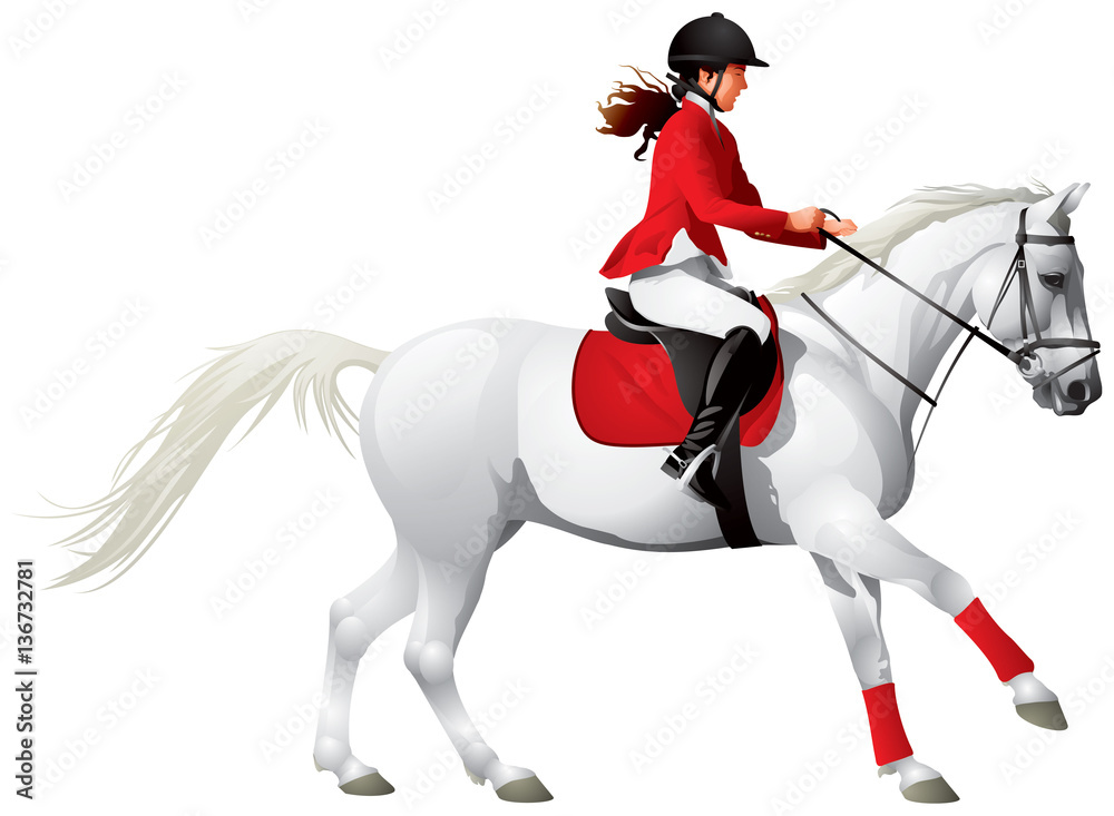 Equestrian rider in red jacket and black helmet riding a white horse in dressage posture.