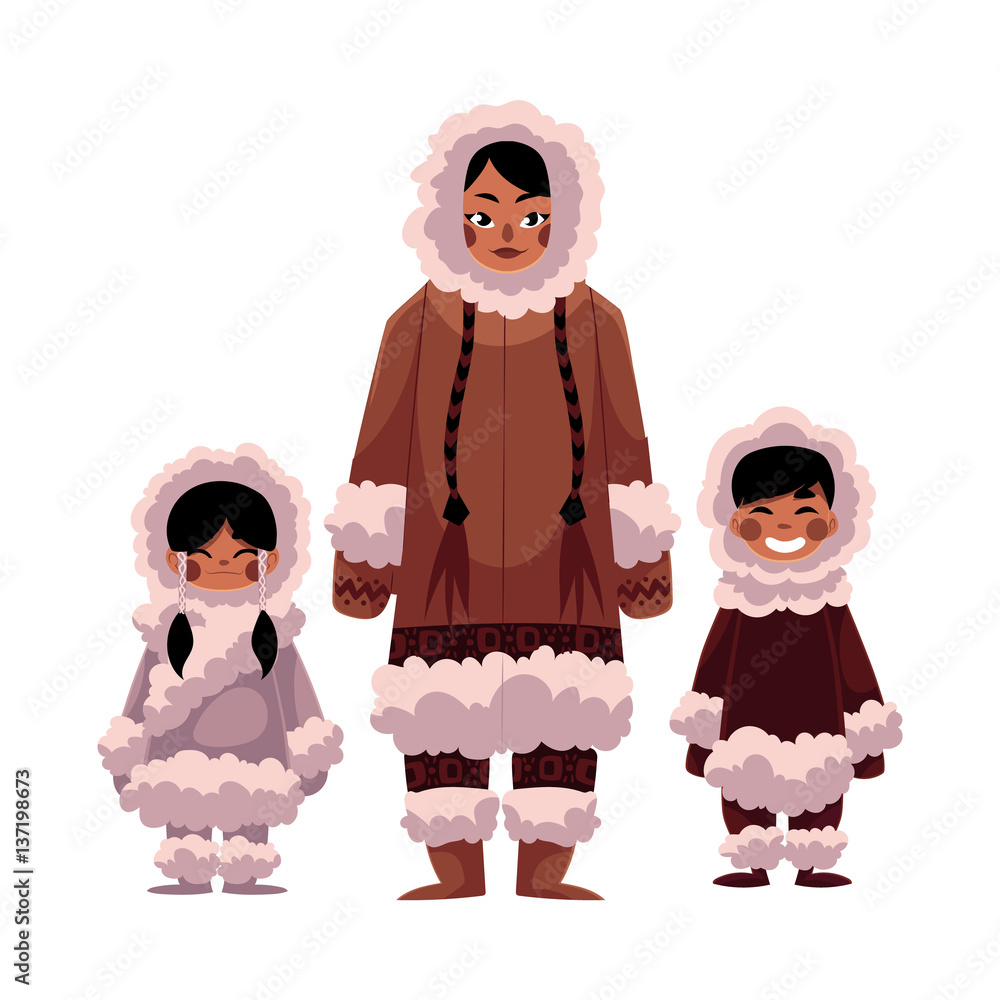 Indigenous Arctic family in traditional fur-lined parkas, smiling and standing together against white background.