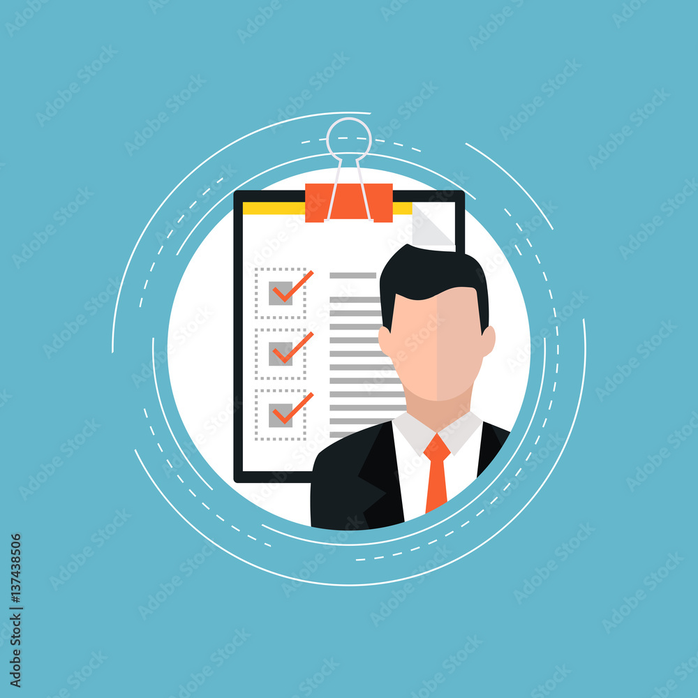Businessman in suit with clipboard showing completed checklist, symbolizing evaluation or hiring process.