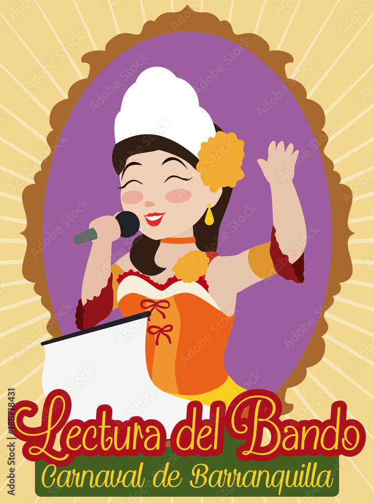 Illustration of a smiling woman in traditional Carnival attire singing into a microphone for "Lectura del Bando" in Barranquilla.