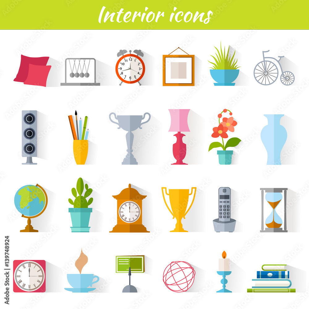 Collection of flat-style interior decoration icons including clocks, plants, trophies, lamps, and books.