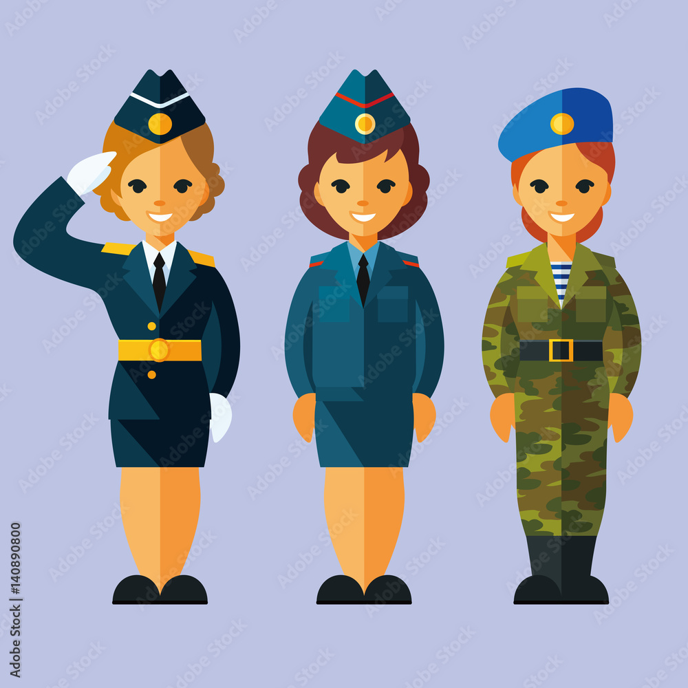 Three illustrated female military personnel in formal, service, and combat uniforms saluting or standing at attention.