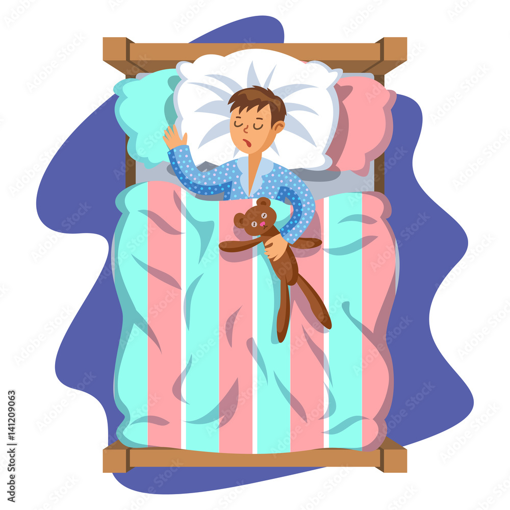 A boy sleeping peacefully in bed with a teddy bear, under striped pink and teal covers, wearing blue polka-dot pajamas.