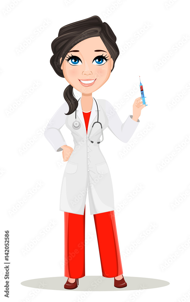 Smiling female doctor in white coat holding a syringe, stethoscope around neck, red pants and shoes.