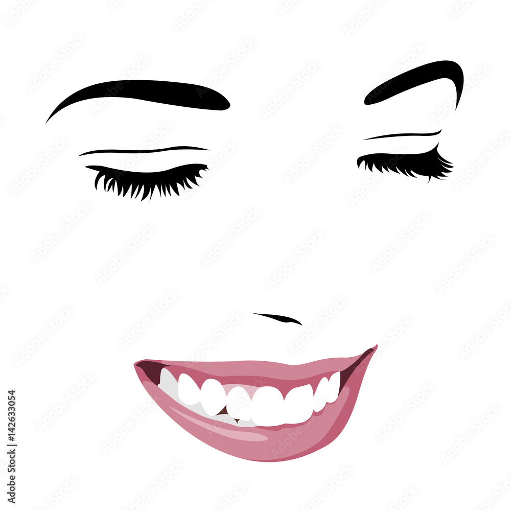 Stylized illustration of a smiling woman’s face with closed eyes, defined eyebrows, long lashes, and pink lips showing white teeth.