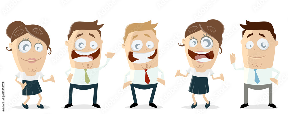 Five cheerful cartoon office workers-three men and two women-in business attire smiling and gesturing energetically.