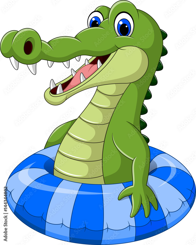 Cheerful green cartoon crocodile smiling with open mouth, sitting in a blue-and-white striped inflatable ring.
