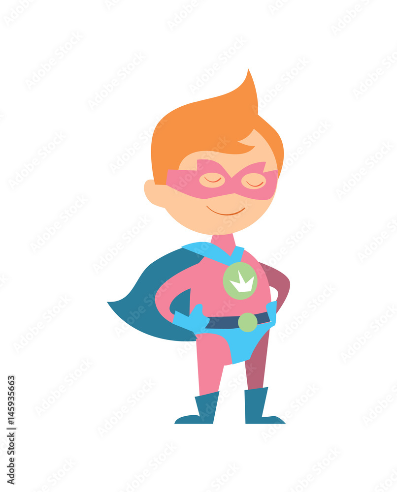 Smiling child superhero with orange hair, pink mask, blue cape, and emblem on chest, standing confidently with hands on hips.