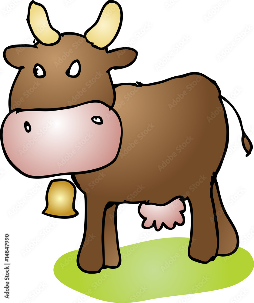 Cartoon brown cow with yellow horns, bell, and udder standing on green grass.
