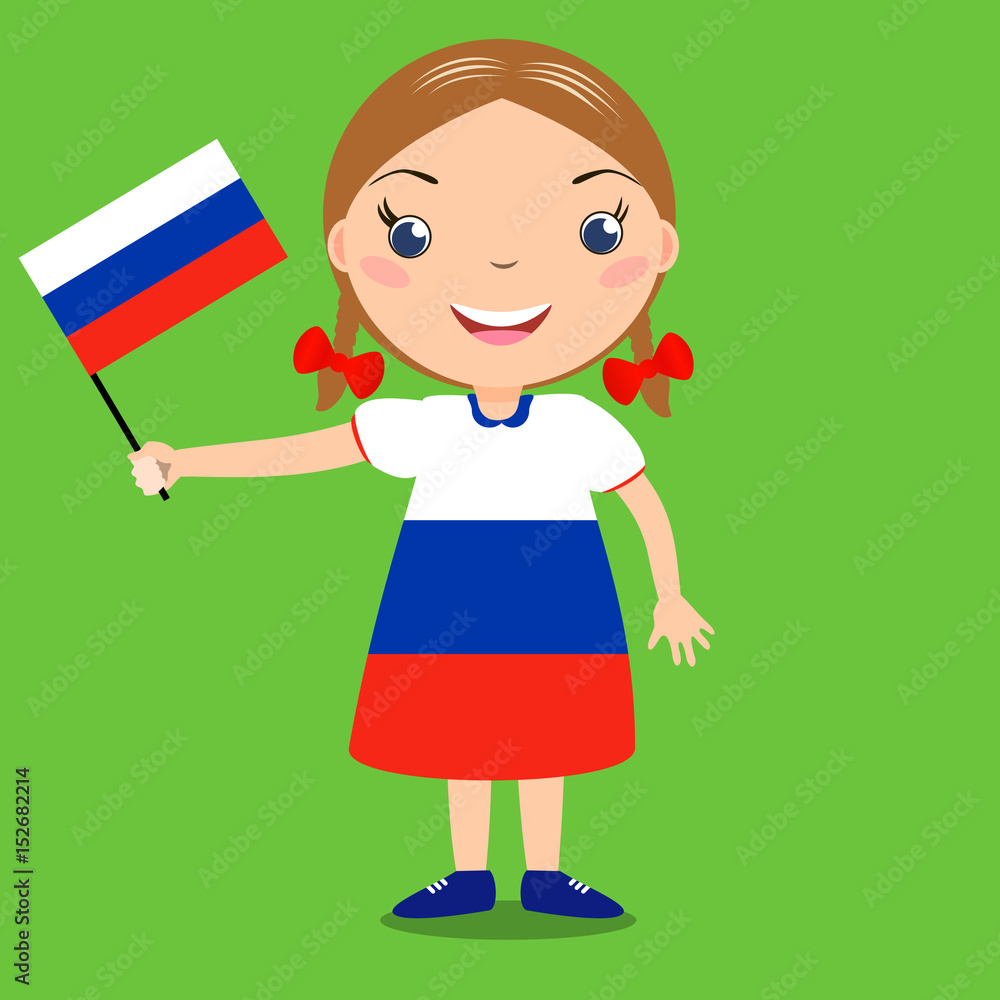 Smiling cartoon girl with pigtails holding Russian flag, wearing tricolor dress and shoes, green background.