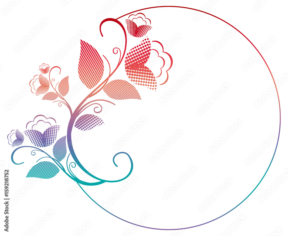 Abstract floral vector design with gradient vines, dotted petals, and swirling stems forming a partial circular frame.
