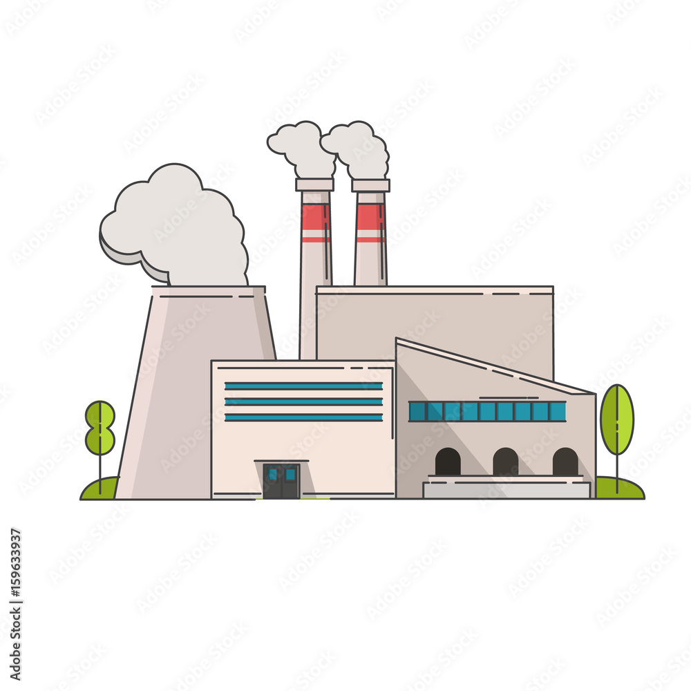 Industrial power plant with cooling tower, twin smokestacks emitting steam, and modern facility buildings surrounded by small trees.