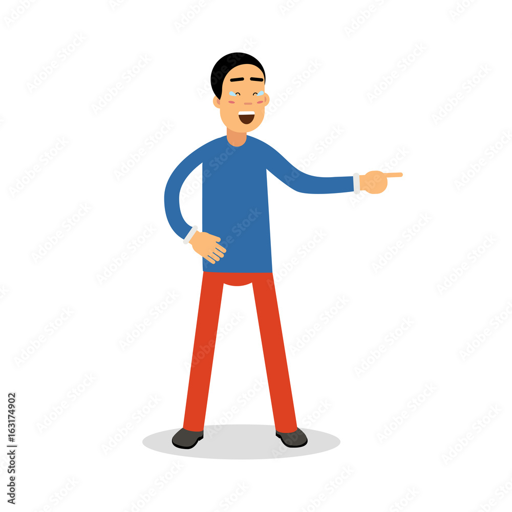 Cartoon man in blue shirt and red pants laughing while pointing to the right with tears of joy.
