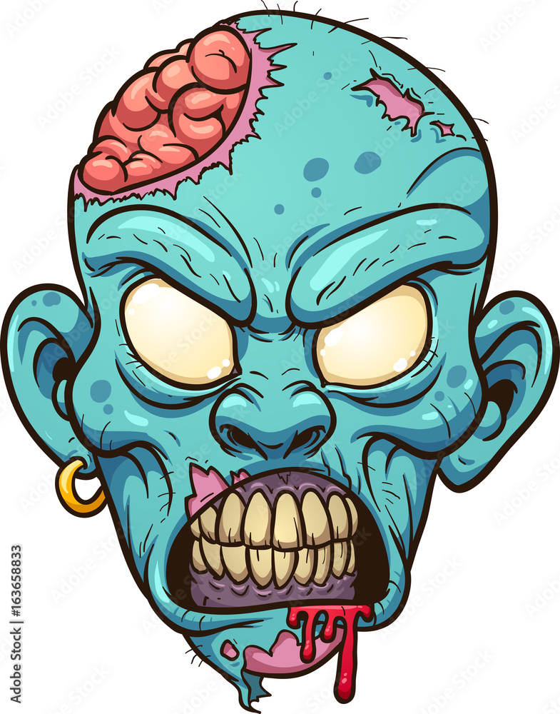 Cartoon zombie head with exposed brain, glowing eyes, and dripping blood, stylized in bold comic art.