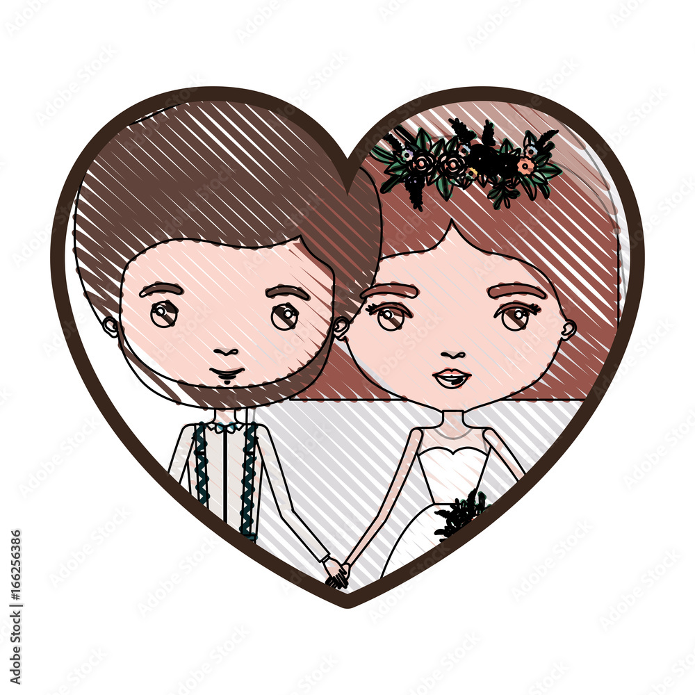 Cartoon bride and groom holding hands inside a heart-shaped frame, stylized with sketch lines and floral crown.