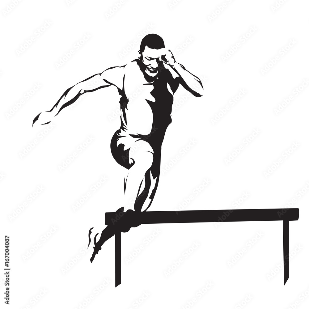 Athlete mid-jump over a hurdle in dynamic black-and-white silhouette illustration.