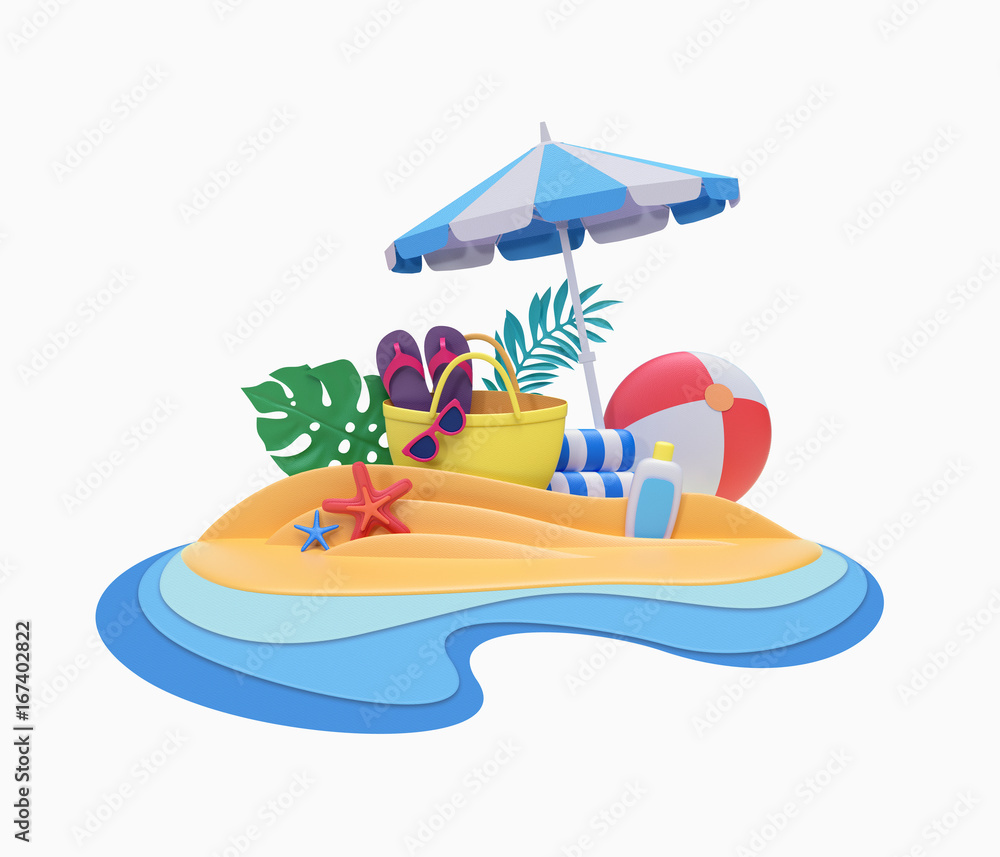 Colorful 3D beach scene with umbrella, flip-flops, starfish, ball, sunscreen, and tropical leaves on layered sand and water.