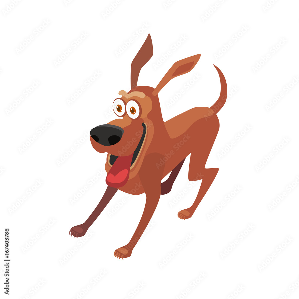 Cheerful brown cartoon dog running with tongue out and joyful expression.