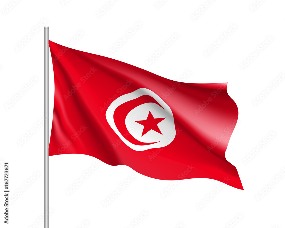 Tunisian national flag waving on a flagpole against white background, featuring red field with white disk, red crescent, and star.