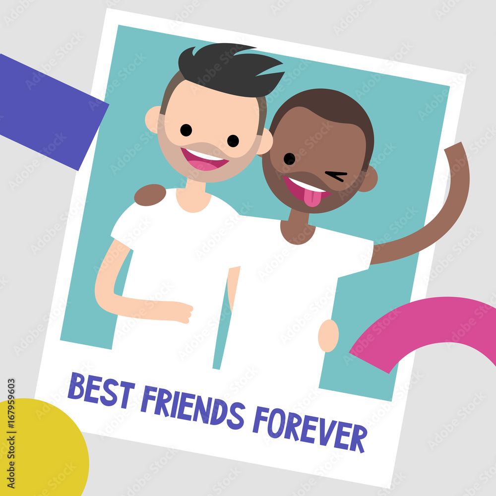 Two smiling diverse friends posing playfully in a polaroid-style photo with "BEST FRIENDS FOREVER" text below.