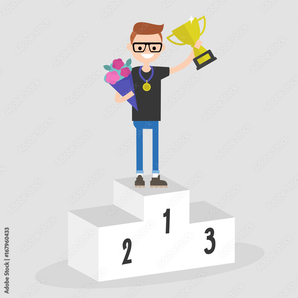 A smiling young man with glasses stands on a first-place podium, holding a gold trophy and bouquet of flowers, wearing a medal.