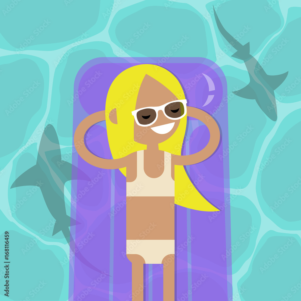A smiling blonde woman in sunglasses floats on a purple inflatable raft in turquoise water, with sharks swimming nearby.