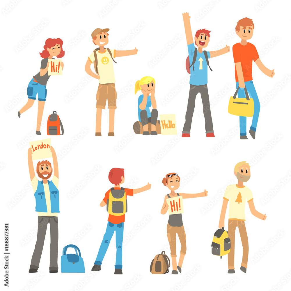Diverse group of cartoon travelers greeting with signs like "Hi!" and "London", carrying backpacks and luggage.