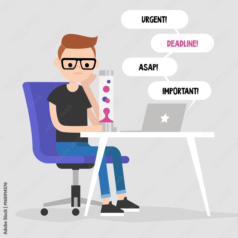 A stressed young man with glasses sits at a desk with laptop and lava lamp, surrounded by urgent deadline speech bubbles.