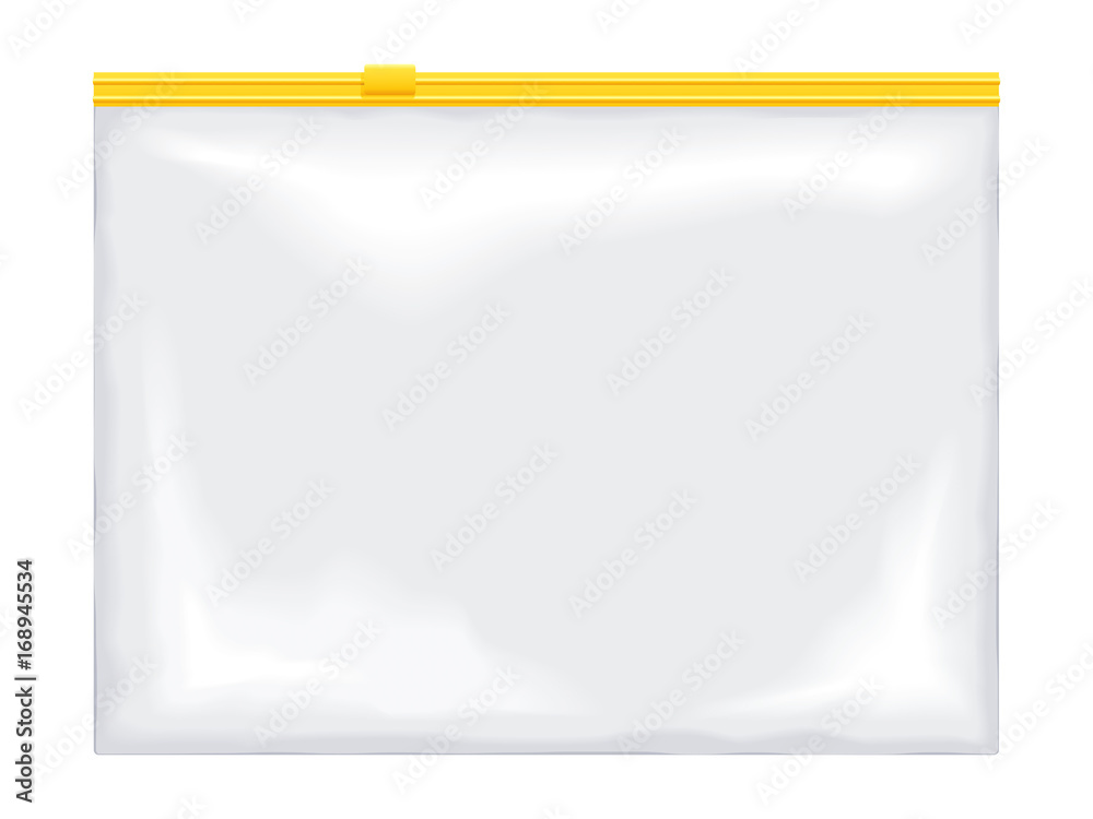 Clear plastic ziplock bag with yellow slider seal, empty and glossy on white background.