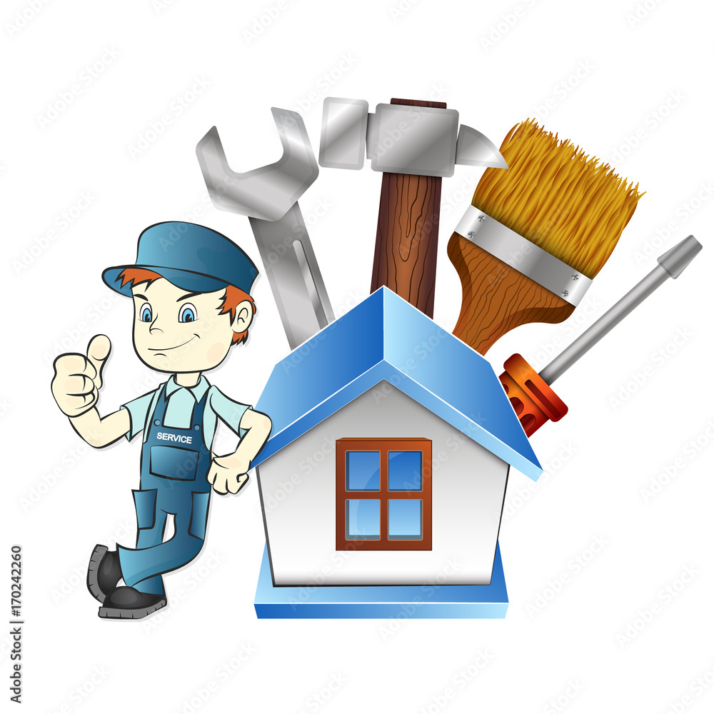 Cartoon handyman giving thumbs-up beside a house icon surrounded by tools: wrench, hammer, paintbrush, screwdriver.