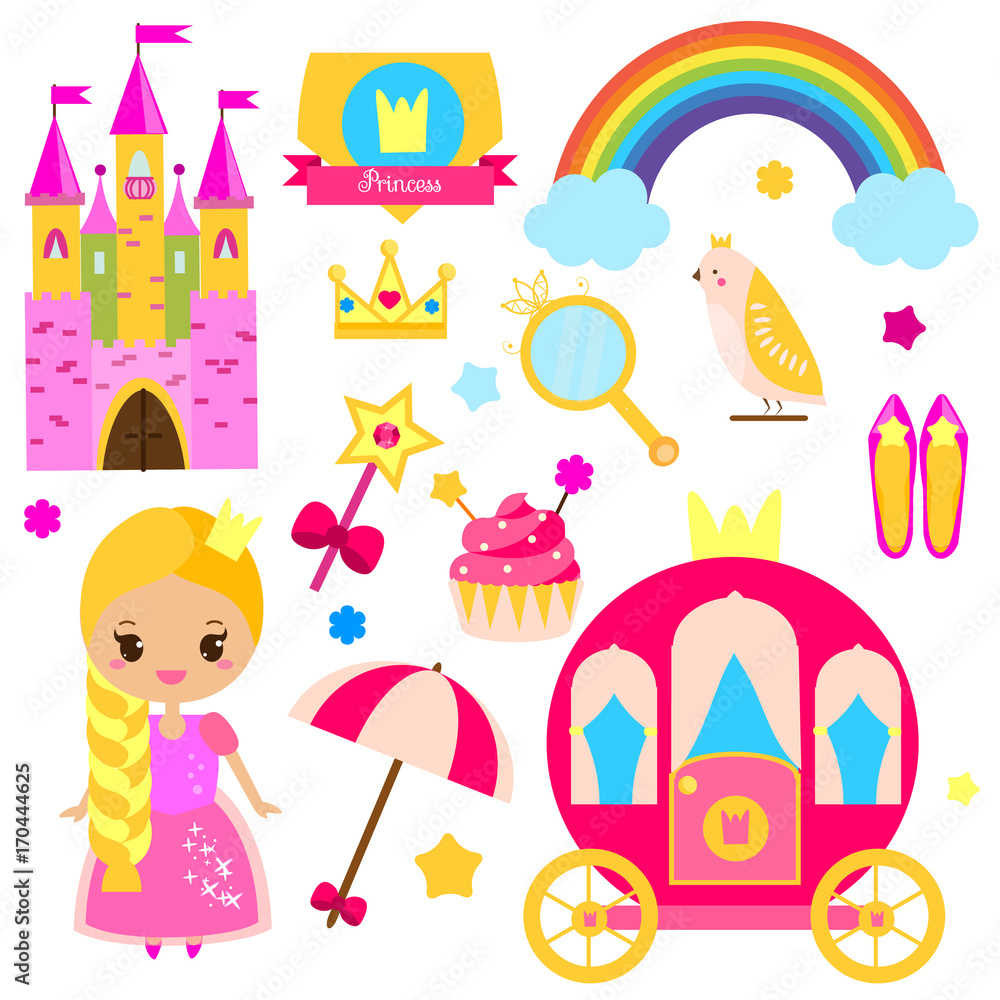 Cute princess-themed clipart set with castle, crown, carriage, rainbow, and magical accessories.