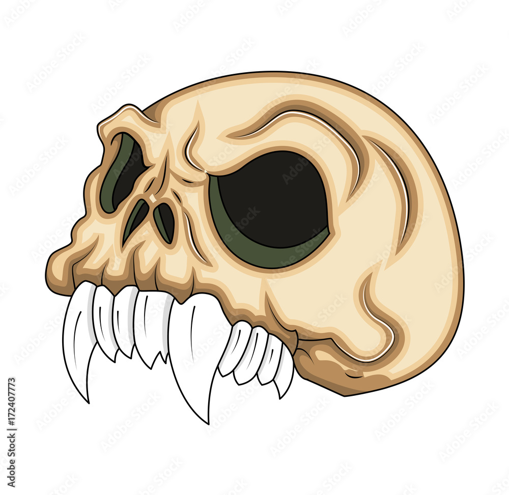 Stylized cartoon skull with large fangs, hollow eye sockets, and weathered bone texture on white background.