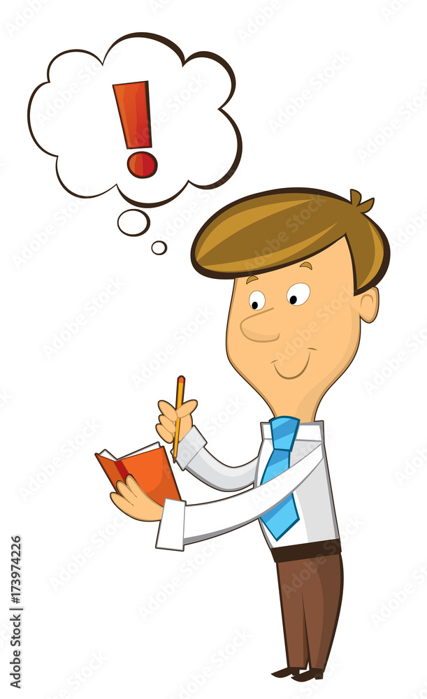 Cartoon man in business attire holding notebook and pencil, with thought bubble containing red exclamation mark indicating an idea or realization.