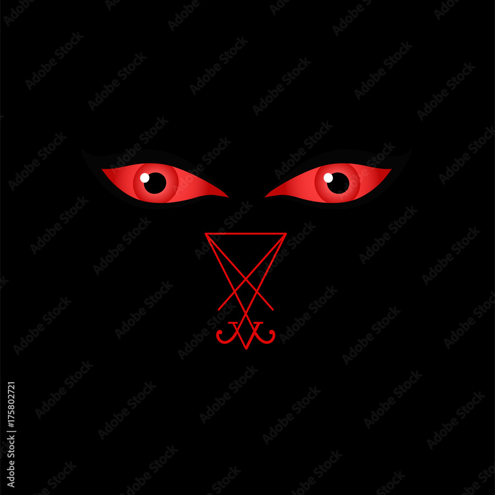 Red demonic eyes and inverted pentagram symbol on black background, evoking occult and infernal themes.