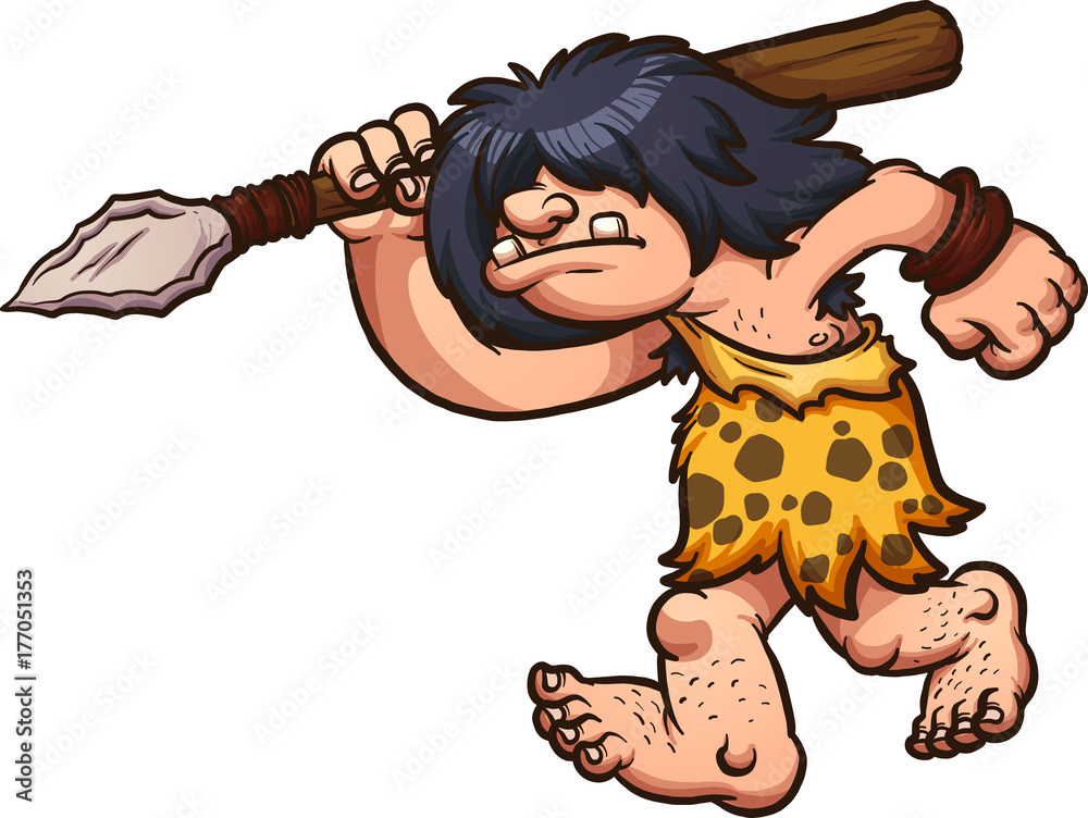 Cartoon caveman with wild hair, wearing spotted loincloth, charging forward with a stone-tipped spear and wooden club.
