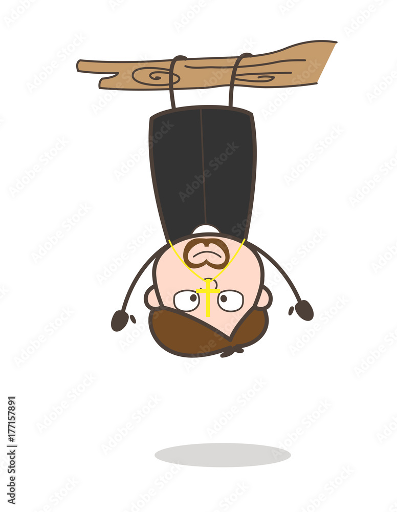 Cartoon priest hanging upside down from a wooden beam, wearing cassock and cross necklace, wide-eyed expression.