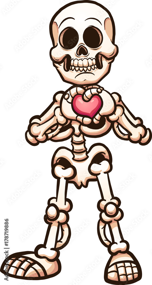 Cartoon skeleton holding a pink heart, wearing sandals, with expressive eyes and a gentle smile.