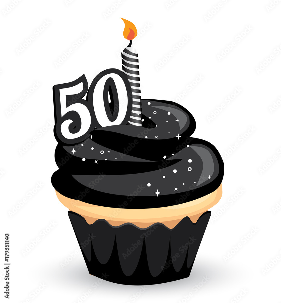 Black-frosted 50th birthday cupcake with striped candle and sparkles