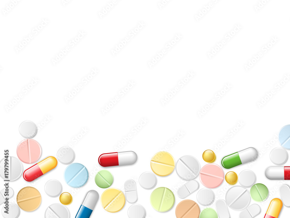 Colorful assortment of pills and capsules scattered along the bottom edge of a white background.