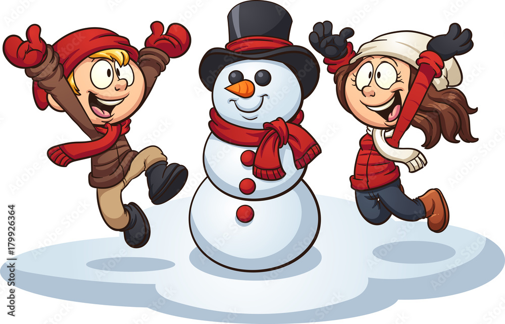 Happy Kids Playing with Snowman - Winter Fun Clipart