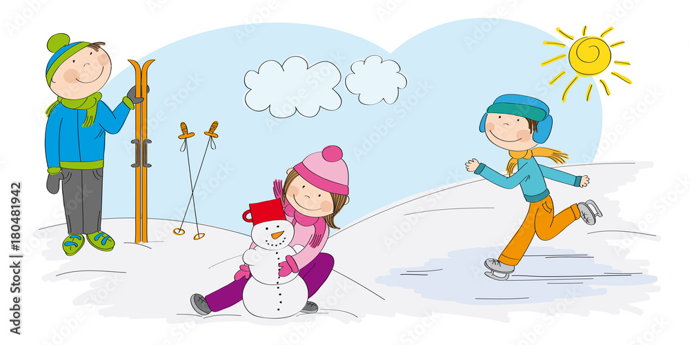 Three children enjoying winter activities: skiing, building a snowman, and ice skating under a sunny sky.